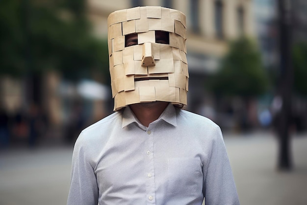 Un homme portant un masque en papier sur la tête dans un portrait simple