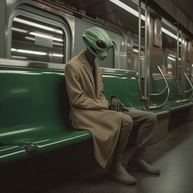 un homme portant un masque vert est assis dans un métro.