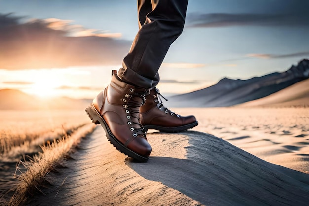 Un homme portant une paire de bottes marron se tient sur une colline.