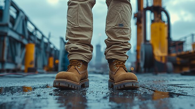 un homme portant une paire de bottes se tient sur un trottoir mouillé