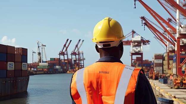 un homme portant un PPE complet se tenant debout en regardant une boîte de conteneur de fret portuaire à un port de marchandises