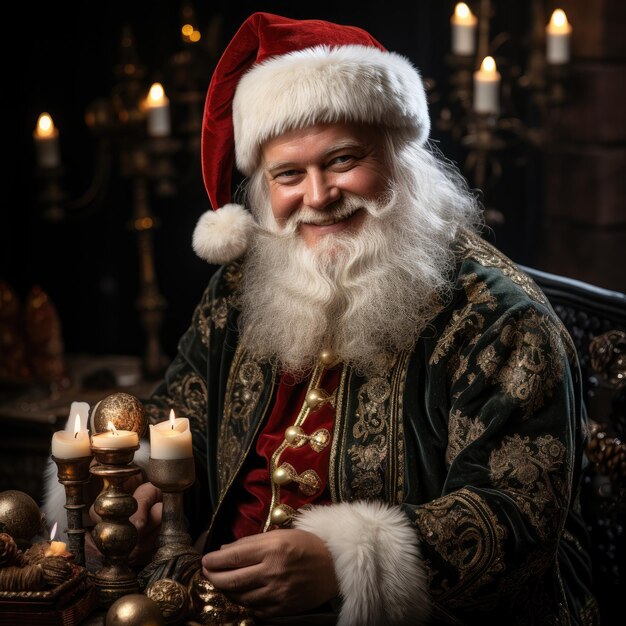 un homme portant une robe avec un chapeau de Père Noël et tenant une bougie.