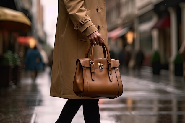 Un homme portant un sac brun marchant dans la rue Generative Ai