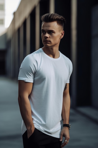 Un homme portant un t-shirt blanc avec le mot t-shirt dessus