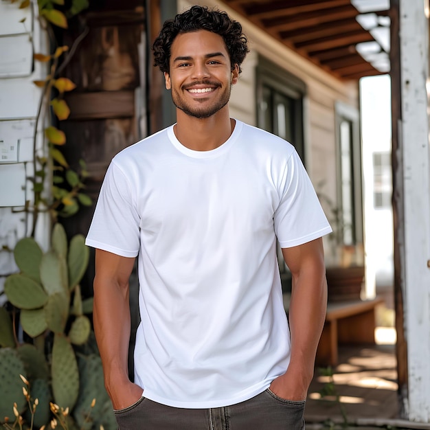 Un homme portant un t-shirt blanc uni sourit