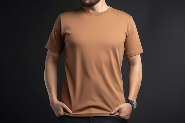 Un homme portant un t-shirt marron avec une montre noire sur la main gauche.