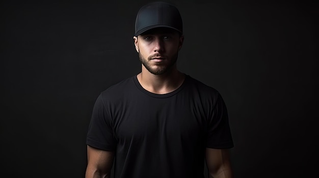 Photo un homme portant un t-shirt noir blanc et une casquette de baseball assortie créant une scène de maquette avec beaucoup d'espace pour présenter votre logo ou votre conception