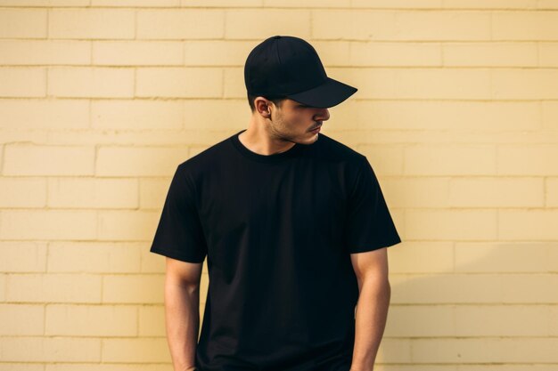 un homme portant un t-shirt noir et une casquette de baseball noire