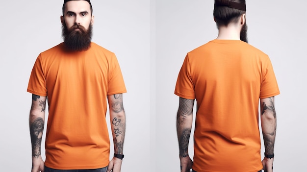 Homme portant un T-shirt orange Modèle de vue avant et arrière sur fond blanc