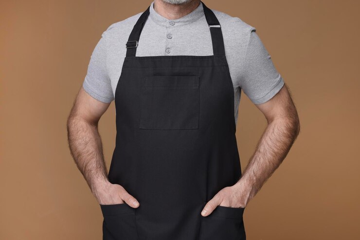 Photo homme portant un tablier de cuisine sur fond brun gros plan maquette pour la conception