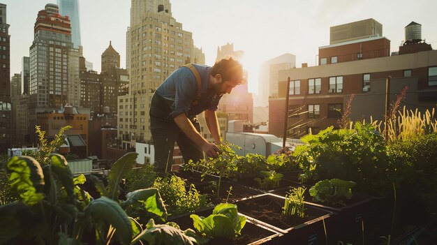 Un homme portant un tablier s'occupe d'un jardin sur le toit. Il s'agenouille et inspecte certaines plantes pendant que le soleil se couche en arrière-plan.