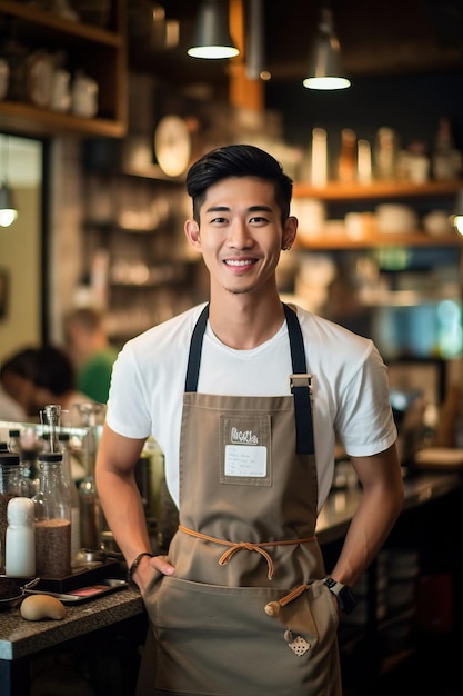 Un homme portant un tablier se tient devant un comptoir avec un café derrière lui.