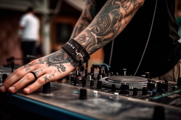 Un homme portant un tatouage sur son bras joue un DJ.