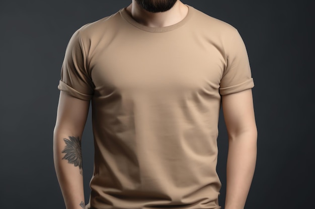 Un homme portant un tee-shirt avec une barbe et un tatouage sur son bras.