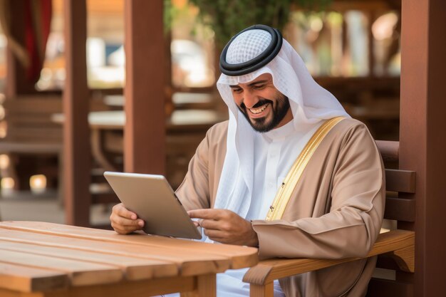Un homme portant une thobe saoudienne tout en tenant une tablette reflète son sens de la technologie. Generative AI