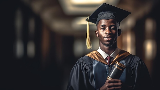 Un homme portant une toge et une casquette de graduation est titulaire d'un diplôme.