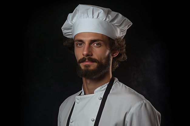 Un homme portant une toque de chef et une toque de chef blanche se tient devant un fond noir.