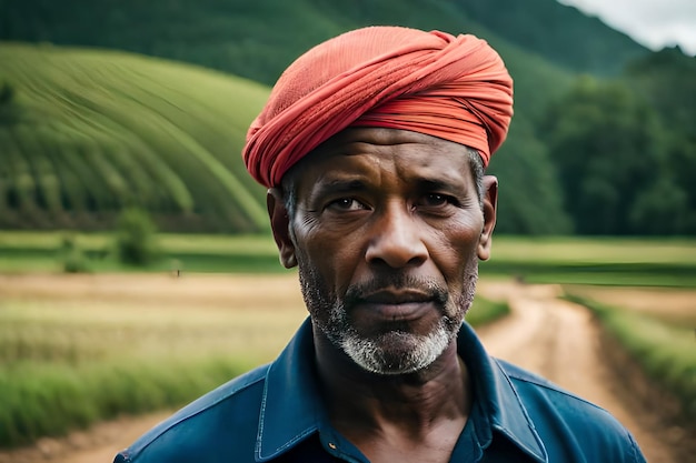 un homme portant un turban rouge se tient devant un champ de riz