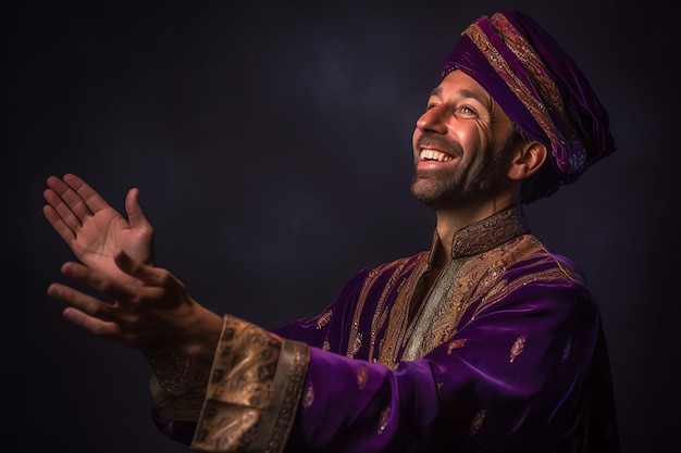 Un homme portant un turban violet sourit à la caméra.