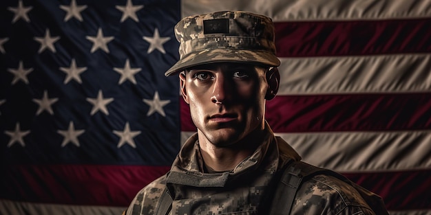 un homme portant l'uniforme de l'armée américaine sur fond de drapeau américain