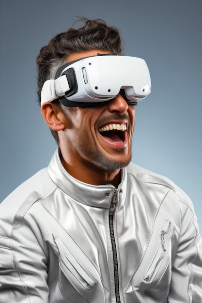 Homme portant une veste blanche et un casque de réalité virtuelle blanche IA générative