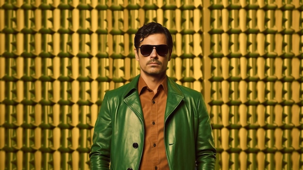 Un homme portant une veste brune et des lunettes de soleil se tient