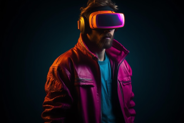 Un homme portant une veste en cuir rose et un casque vr violet.