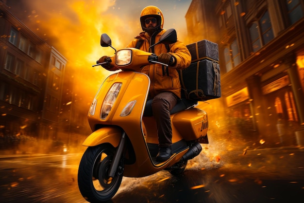 Homme portant une veste jaune et un casque sur une moto jaune L'homme du service de livraison porte une boîte à travers le feu Low angle view Generative AI
