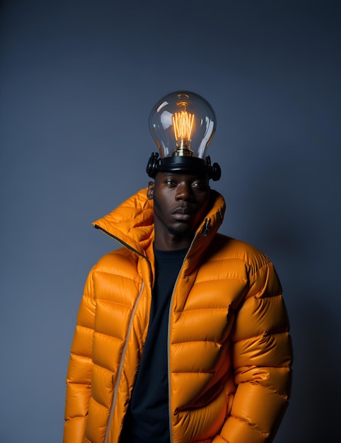 Un homme portant une veste orange avec une ampoule sur la tête.