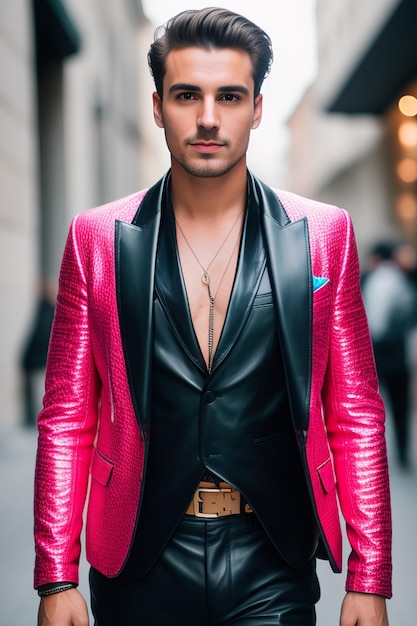 Homme portant une veste rose avec une ceinture noire