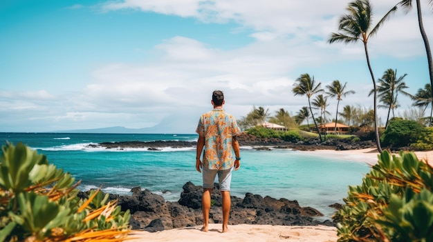 un homme portant des vêtements décontractés se tenant debout en regardant la plage