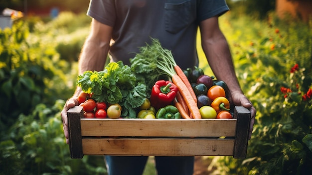 un homme porte une boîte de légumes dans un jardin