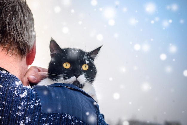 Un homme porte un chat gelé sur l'épaule La vue de l'arrière