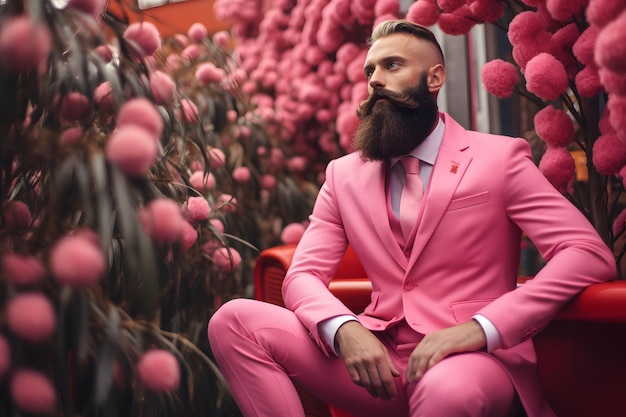 un homme porte un costume rose dans le monde rose