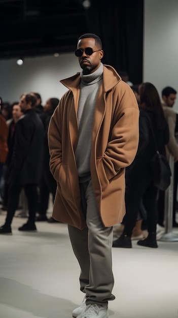 Un homme porte un manteau camel et un pull à col roulé.