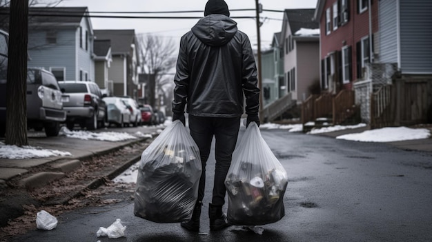 Un homme porte un sac d'ordures dehors