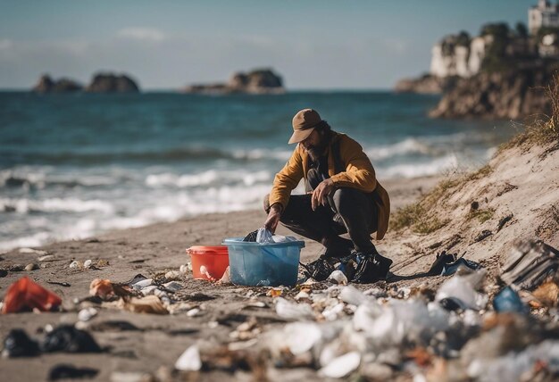 Un homme porte un seau et un sac d'ordures sur la plage.