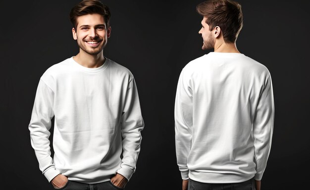 Un homme porte un simple maillot blanc à manches longues sur les côtés avant et arrière.