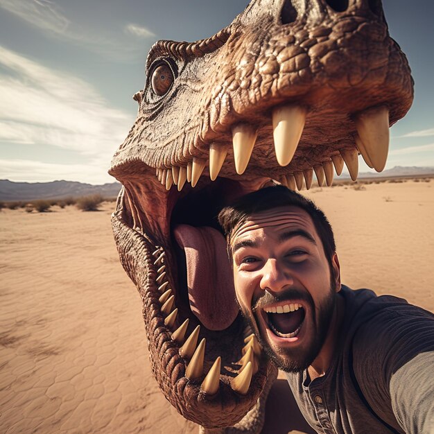 Photo un homme pose avec un dinosaure dans le désert