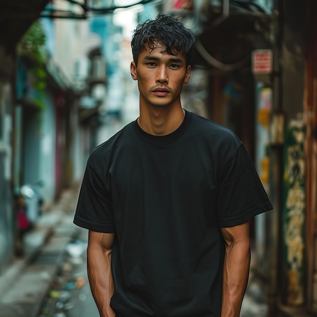 Photo un homme pose avec un t-shirt noir en boîte sombre comme un rêve