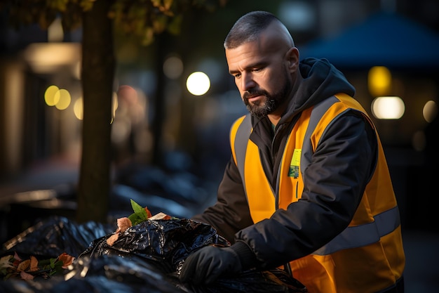 L'homme de la poubelle travaille le matin pour ramasser du plastique dans le camion de poubelle