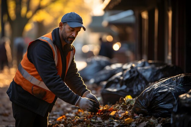 Photo l'homme de la poubelle travaille le matin pour ramasser du plastique dans le camion de poubelle