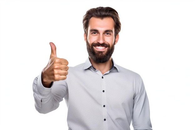 Un homme avec un pouce levé signe sur un fond blanc.