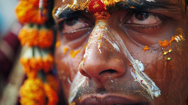 Photo un homme avec de la poudre de couleur sur son visage est couvert de poudre de couleurs