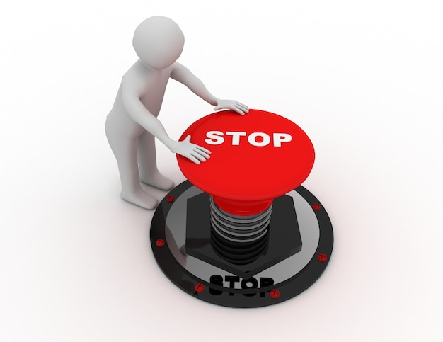 Homme poussant le bouton "stop" .3D rendu illustration