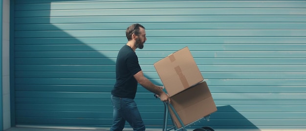 Photo un homme poussant un chariot avec une boîte dessus