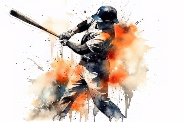 Homme pratiquant le baseball portrait d'un joueur professionnel frappant un coup de circuit Peinture à l'aquarelle