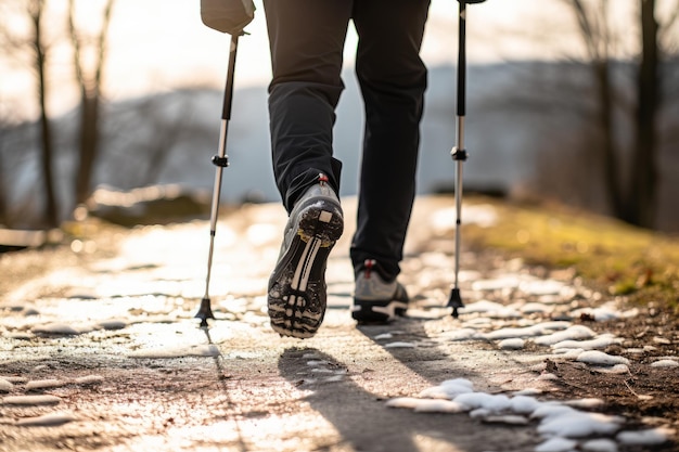 Photo homme pratiquant la marche nordique avec des bâtons d'entraînement en plein air entraînement support de bâton mâle adulte générer ai