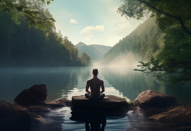 Un homme pratiquant la pleine conscience et la méditation dans un environnement naturel paisible