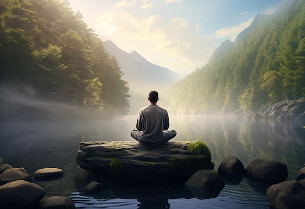 Un homme pratiquant la pleine conscience et la méditation dans un environnement naturel paisible